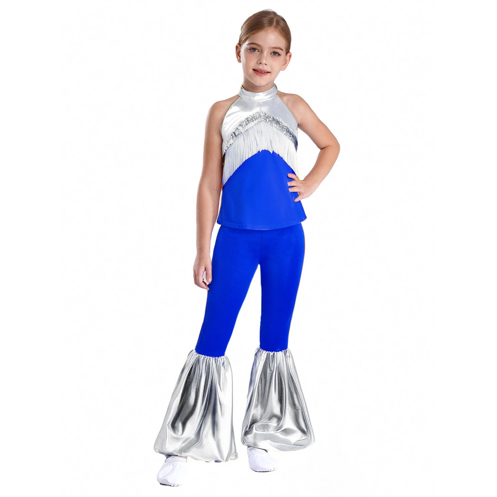Kids Girls 80s Disco Dance Outfits Sleeveless Color Block Tassel Sequins Metallic Crop Top+Bell-Bottomed Pants Jazz Dancewear