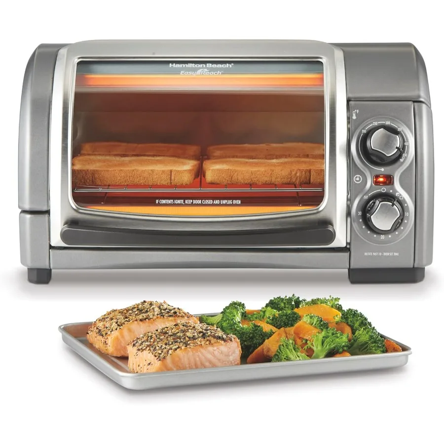 

4-Slice Countertop Toaster Oven with Roll-Top Door 1200 Watts Silver Fits 9 Pizza Bake Broil Toast Functions
