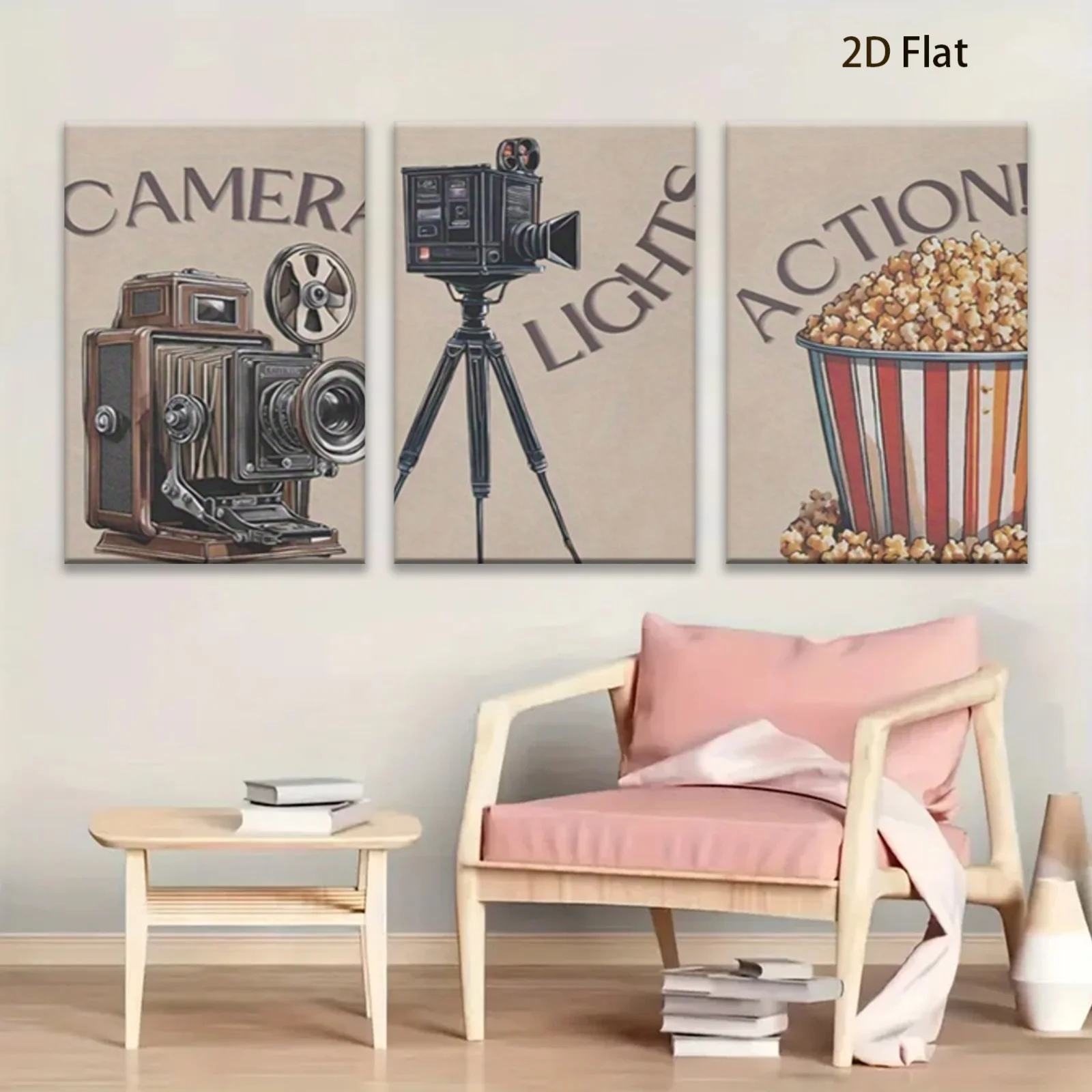 Frameless Set of Three 2D Flat Artworks Is Ideal for Enhancing Your for Home Theater. It Fits Well in a for Home Office, Kitc
