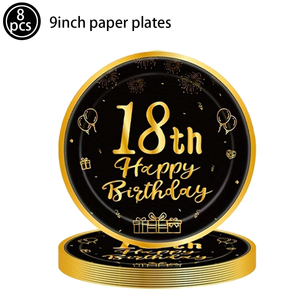 Schwarz Gold Party Einweggeschirr Pappteller Serviett Tasse Ballon Jungen Mädchen Alles Gute zum 18. Geburtstag Partydekorationen Zubehör – Detail 5