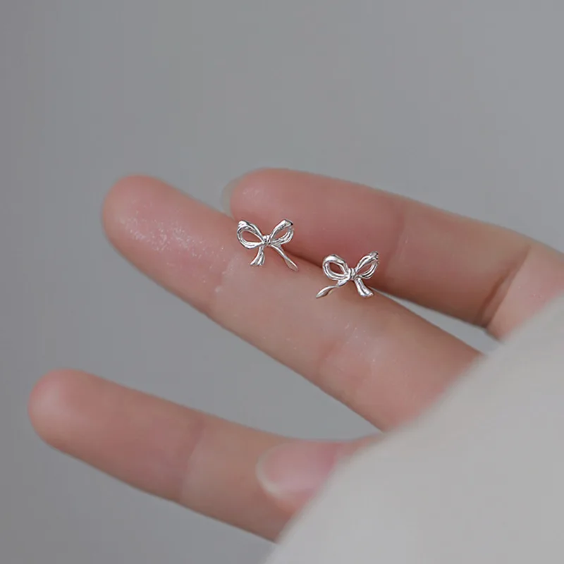 Fashion 925 Silver Needles Sweet Cute Bow Stud Earrings for Women Silver Color Simple Minimalist Ear Piercing Jewelry Gift