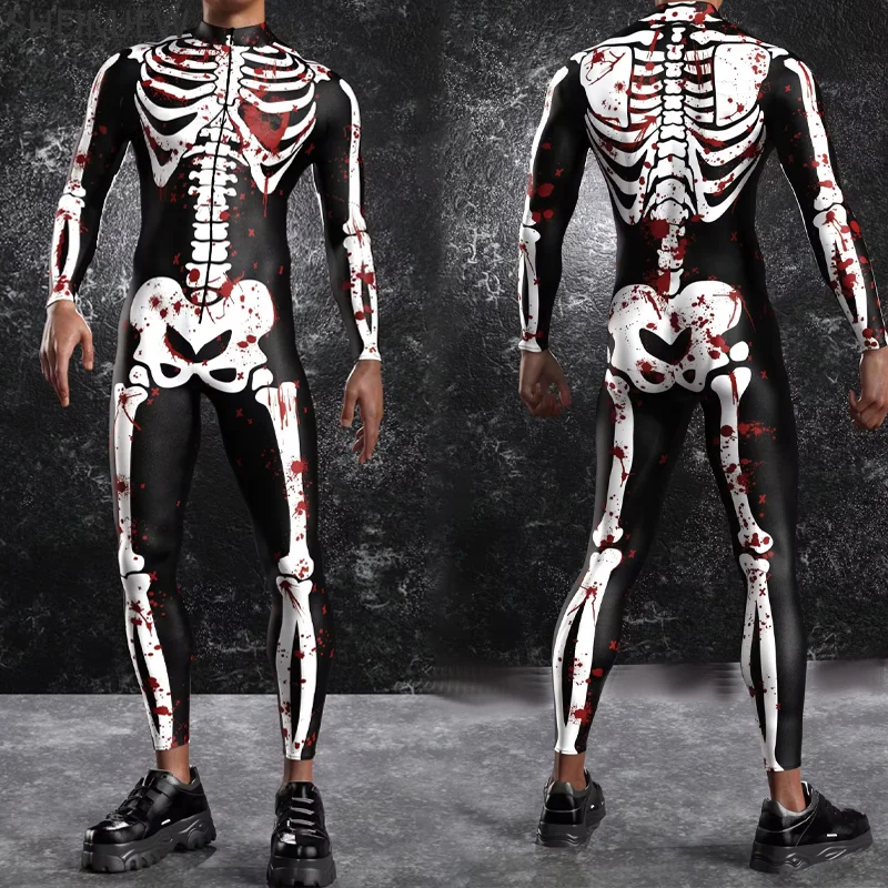 Halloween Horror krwawy szkielet Cosplay kombinezon mężczyźni Punk szkielet body festiwal Terror Party Zentai garnitur Rave strój nowość