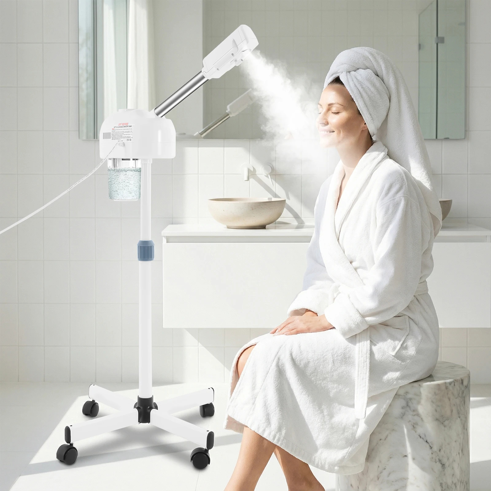 

800W White Facial Steamer, Skin Care Equipment, 750ml Water Tank Steamer for Salon Beauty and Spa Shop with Universal Wheels