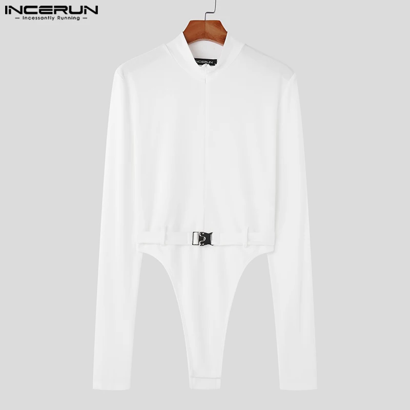 Sexy Fashion Style New Mens Jumpsuits Metal Buckle Design Thimble Bodysuits Casual Solid Long Sleeved Rompers S-3XL INCERUN 2023