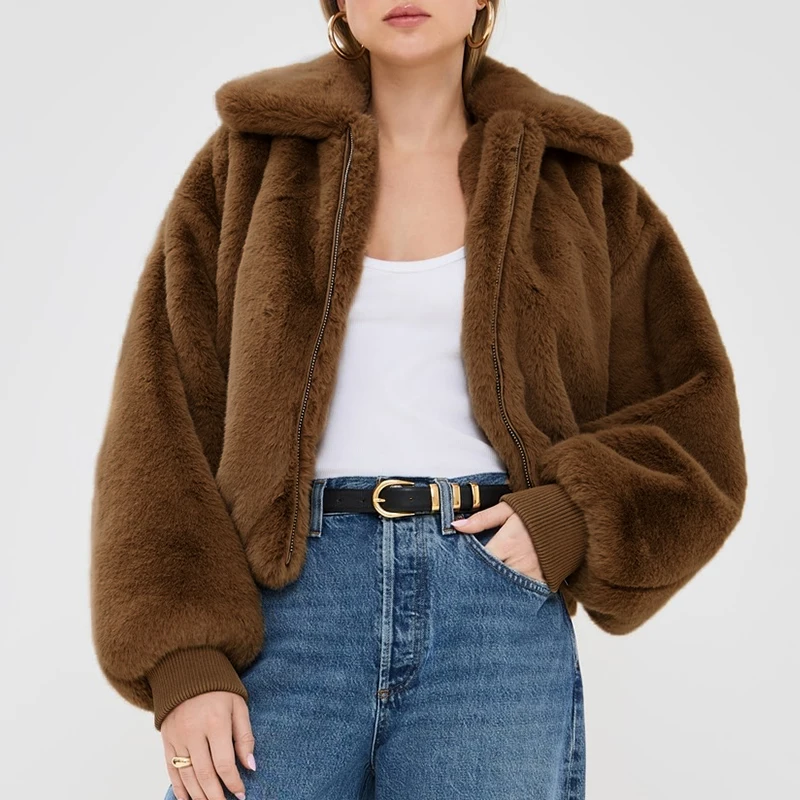 Vestes d'hiver à col en fausse fourrure pour femmes, couleur unie, col rabattu, manches longues, fermeture éclair, Style épais, manteaux amples Chic pour dames