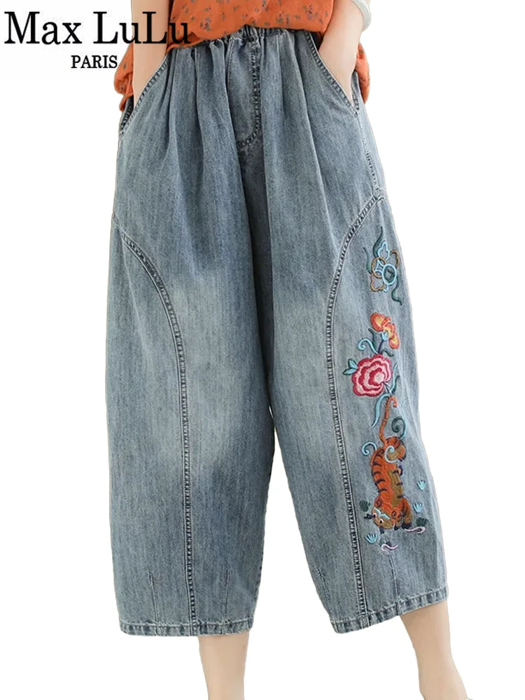 Max LuLu pantaloni in Denim con ricamo moda estiva da donna Jeans elastici per il tempo libero larghi da donna pantaloni Harem eleganti Vintage