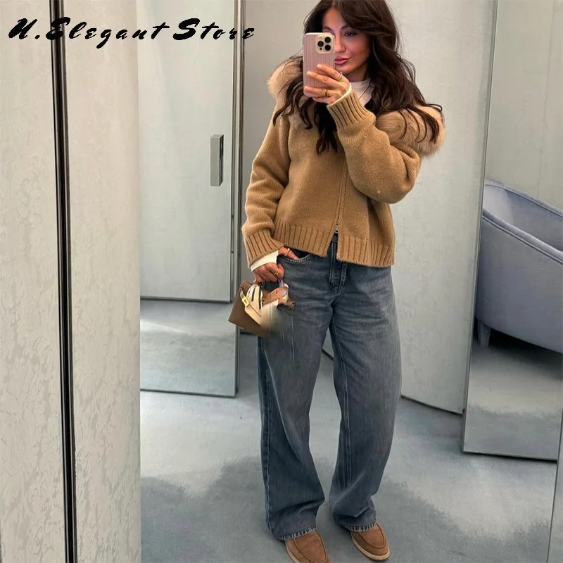 

Autumn Winter Knitted Cardigan For Women Faux Fur Hooded Jacket Long Sleeve Zipper Soft Coat 2025 New Lady Fashion Outwears