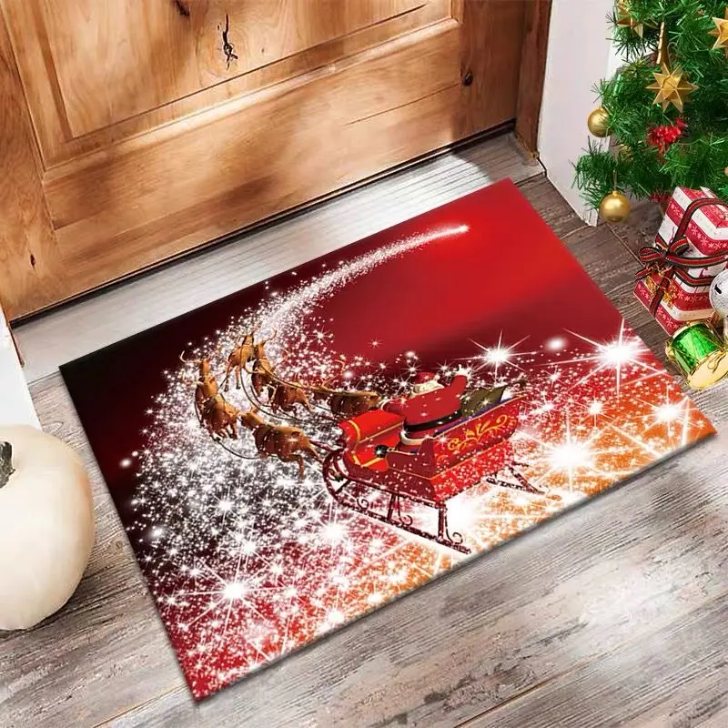 VIKAMA Xmas Front Door Mat Durable Glitter Snow Santa Print Non Slip Floor Mat For Indoor Outdoor Entry Xmas Decor