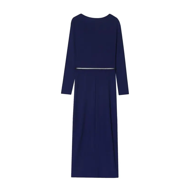 우아한 슬림핏 롱 드레스 솔리드 컬러 긴 소매 여성 패션 벨트 스트리트웨어 오피스 레이디 폴드 넥 칼라 드레스