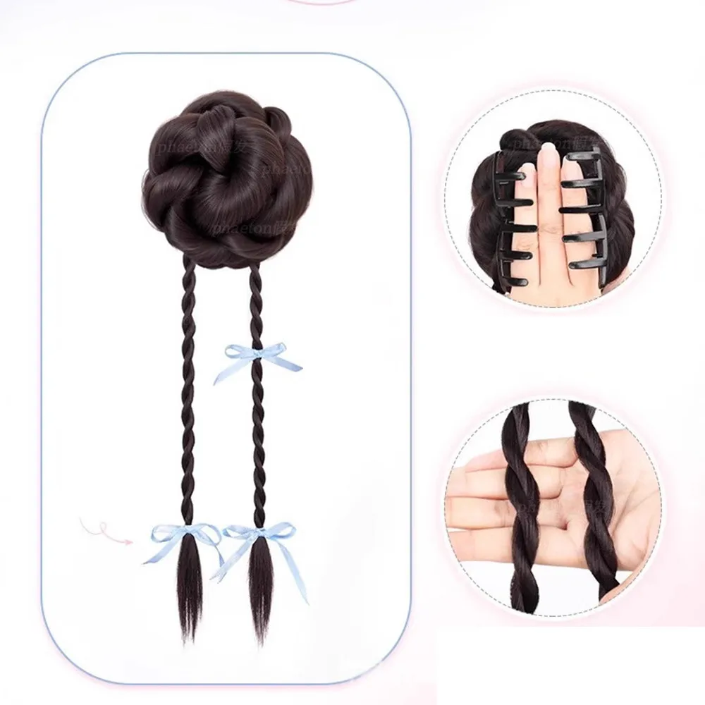 45 cm Nastro Bowknot sintetico Testa di polpette Parrucca Barba di drago Clip Ragazza Dolce Bocciolo di fiore Doppia trecce intrecciate Estensione dei capelli