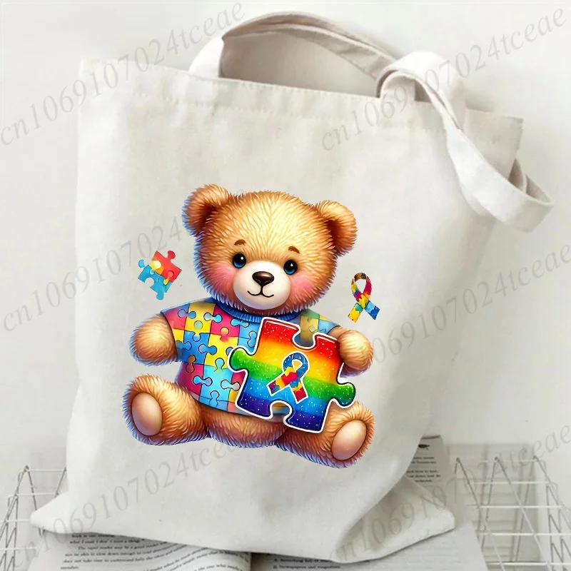 Autism Awareness Personality Shoulder Shopping Bag Fashion Daily Woman Canvas Tote Bags Reusable Large Capacity Tote Handbag