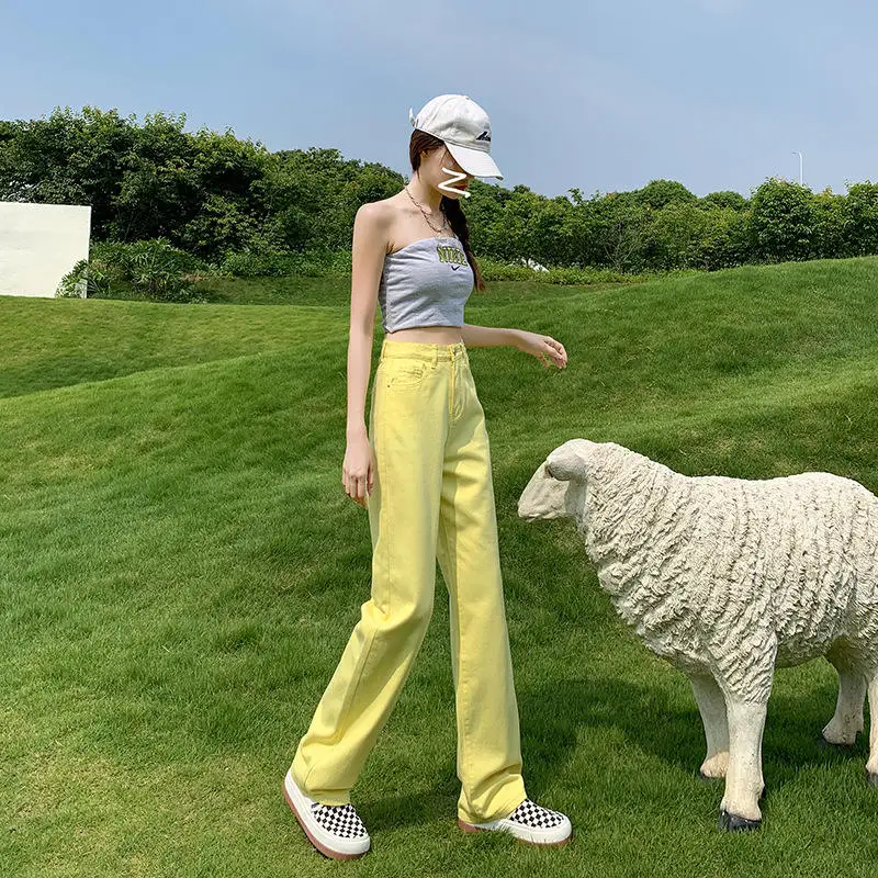 High Waist Straight Leg Denim Jeans Women Summer  New Yellow Loose Drapey Floor-Length Pants Small Size Wide Leg Long Tro...