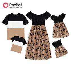 Patpat Familie passende Kleider Paar Look Farb block Kurzarm Tops Blumen druck Mesh Kinder kleid