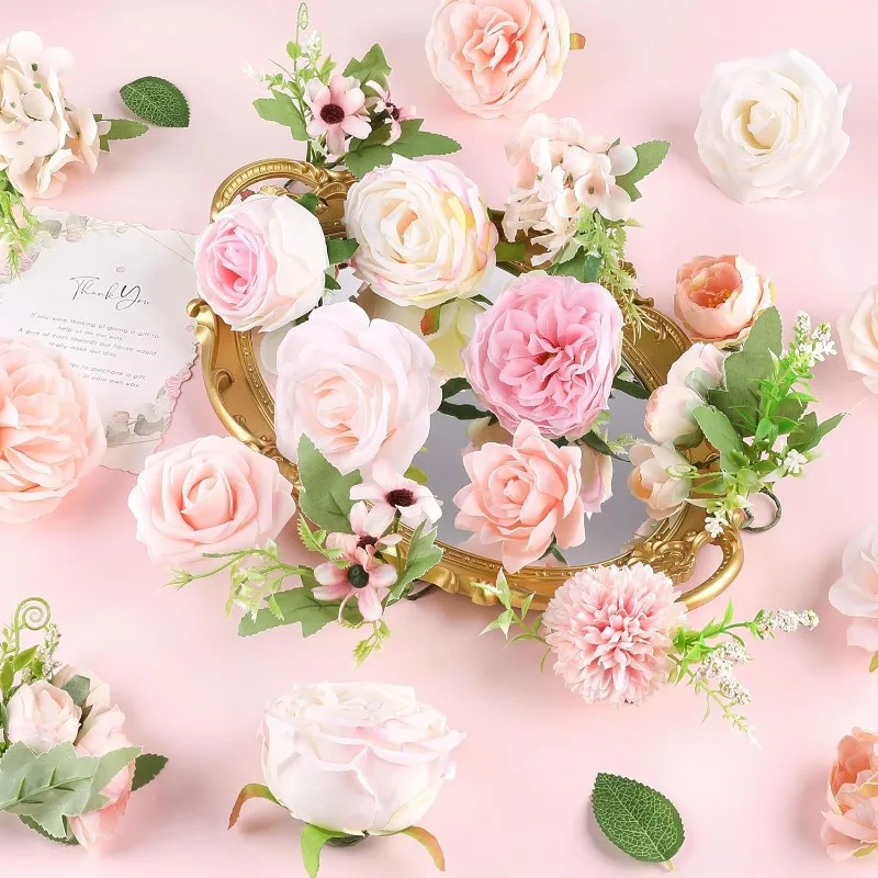 

Artificial Pink Rose Combination Silk Fake Flower with Stem DIY Bridal Wedding Bouquet Decoration Floral Art Christmas Gift