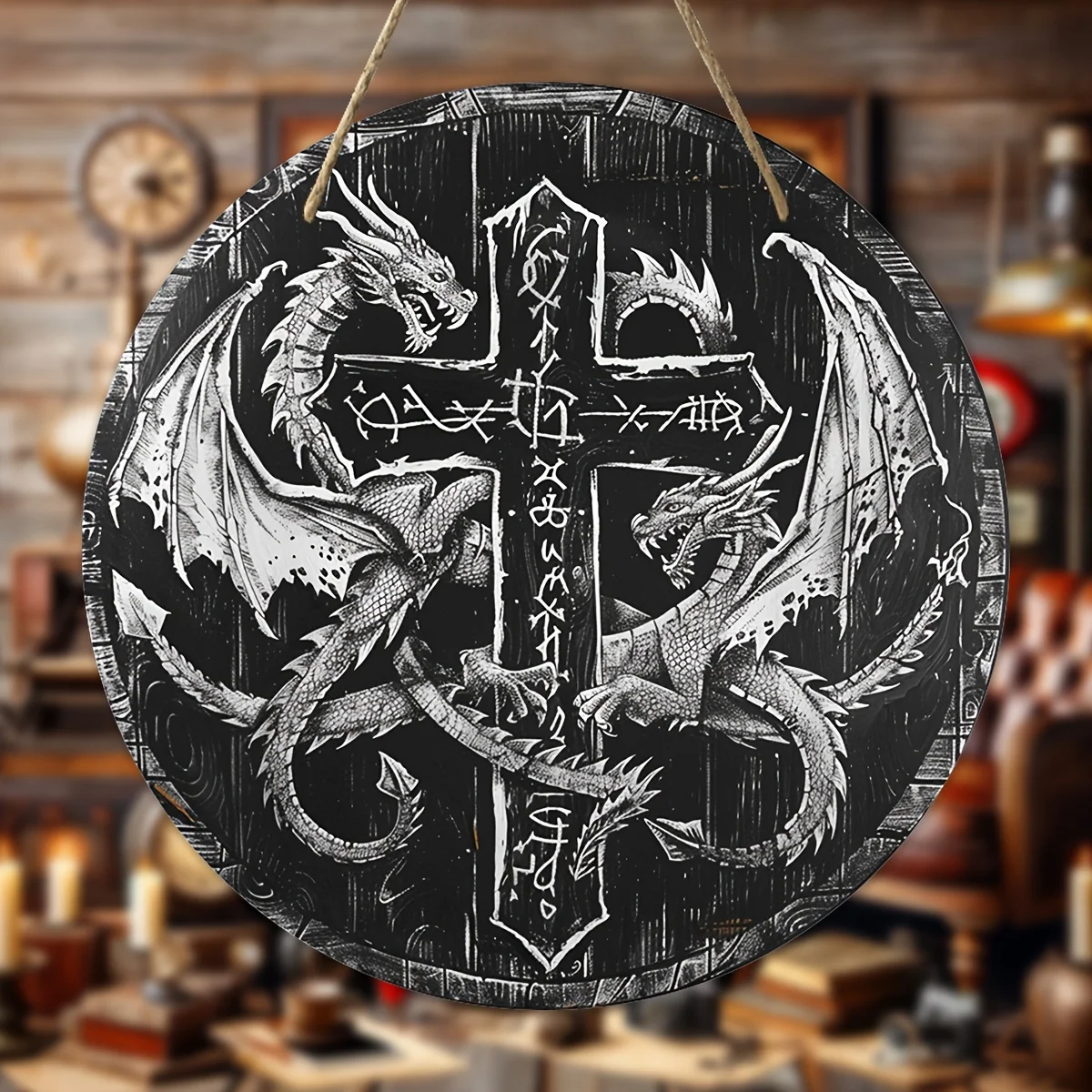 Mystical Dragon&Cross Acrylic Sign,Fantasy Home,Whimsical Wall Art,Rustic Farmhouse Porch Decor,Ideal for Front Door&Party Decor