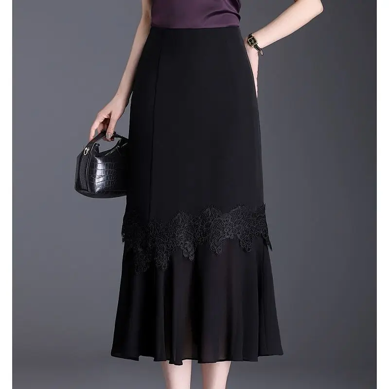 

Cold Silk Chiffon Lace Fishtail Skirt Women 2025 Spring Summer New High-waisted Hip Skirt Mid-length