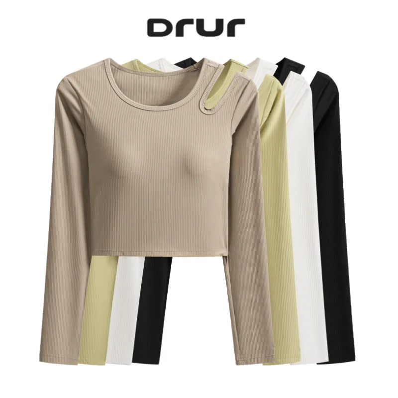 DRUR Women's Yoga Tops With Built in Bra Long Sleeve Athletic Gym Clothes Women Crop Pilates Jogging Shirts Causal Streetwear