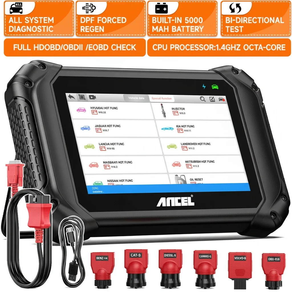 Scanner de diagnostic complet pour camions lourds ANCEL V5 HD, bidirectionnel, pour camions diesel Cummins/Detroit/Caterpillar/Paccar