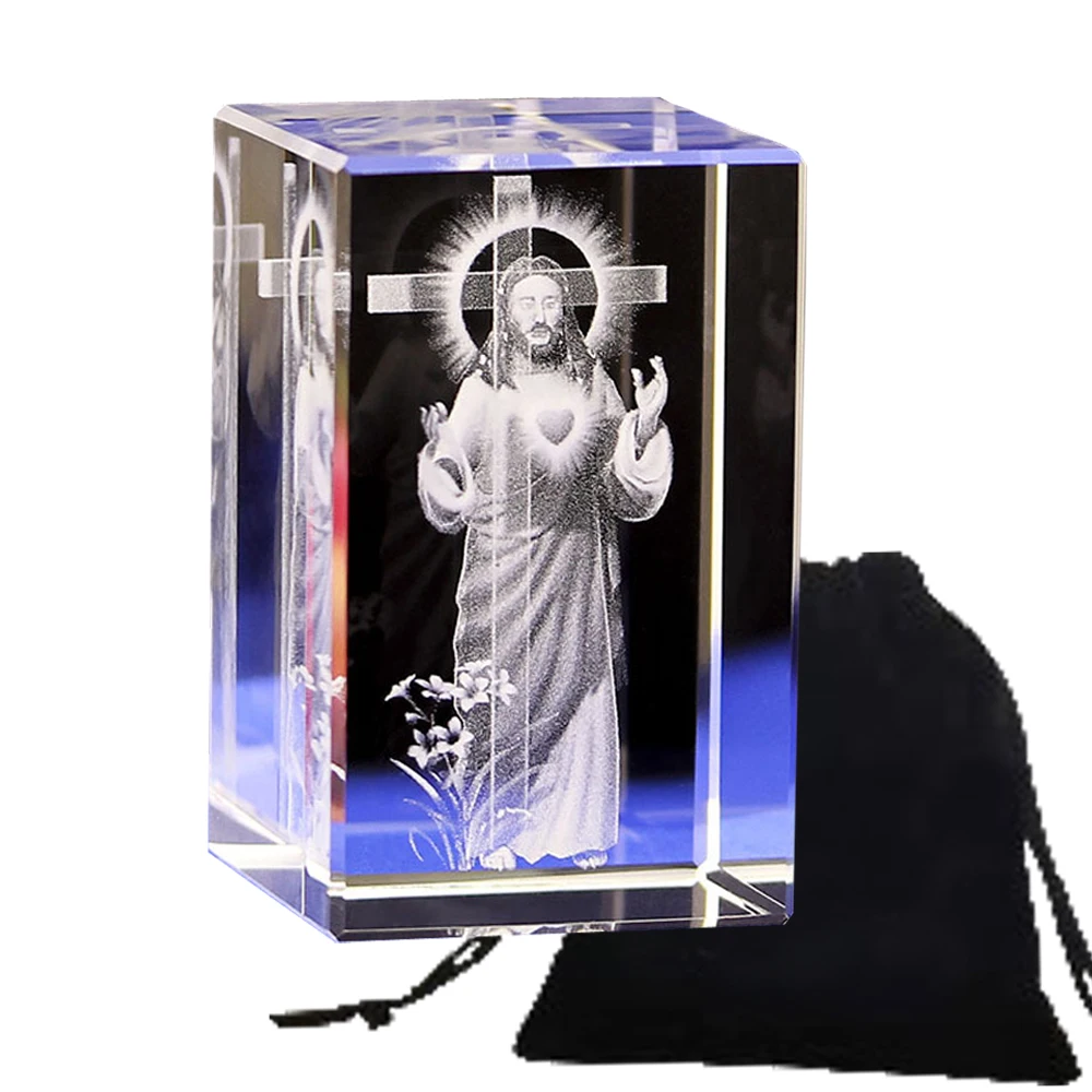 3D God Jesus Crystal Statue Tabletop Good Luck Crystal Glass Cube Souvenirs / Son of God Sculpture Savior Figurines for Wealth