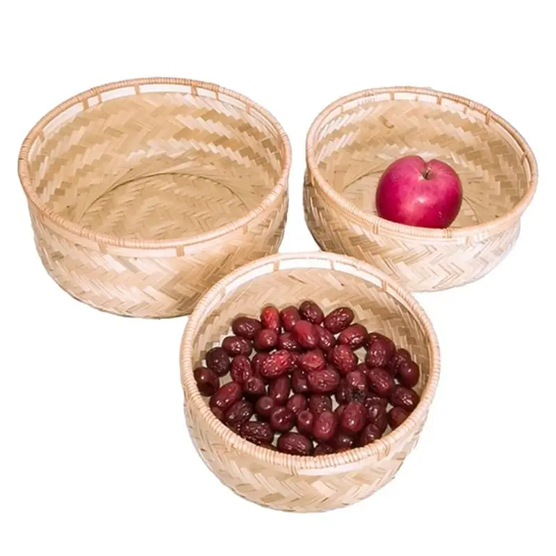 

3PCS Bamboo Fruit Basket Handmade Woven Food Serving Storage Container Rustic Decorative Round Rattan Bread Trays Snack Bowl