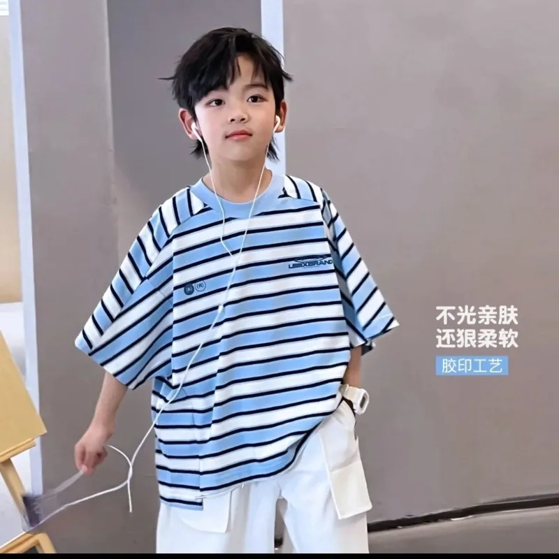 

Boys Striped Short Sleeve T-Shirt Summer New Children's Foreign Style Loose Crew Neck Top 2025 Boys Trend Half Sleeve T-Shirt