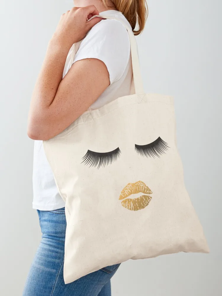 Lashes and Lips - Gold Lips and Eyelashes Makeup Face Tote Bag tote canvas personalized Canvas