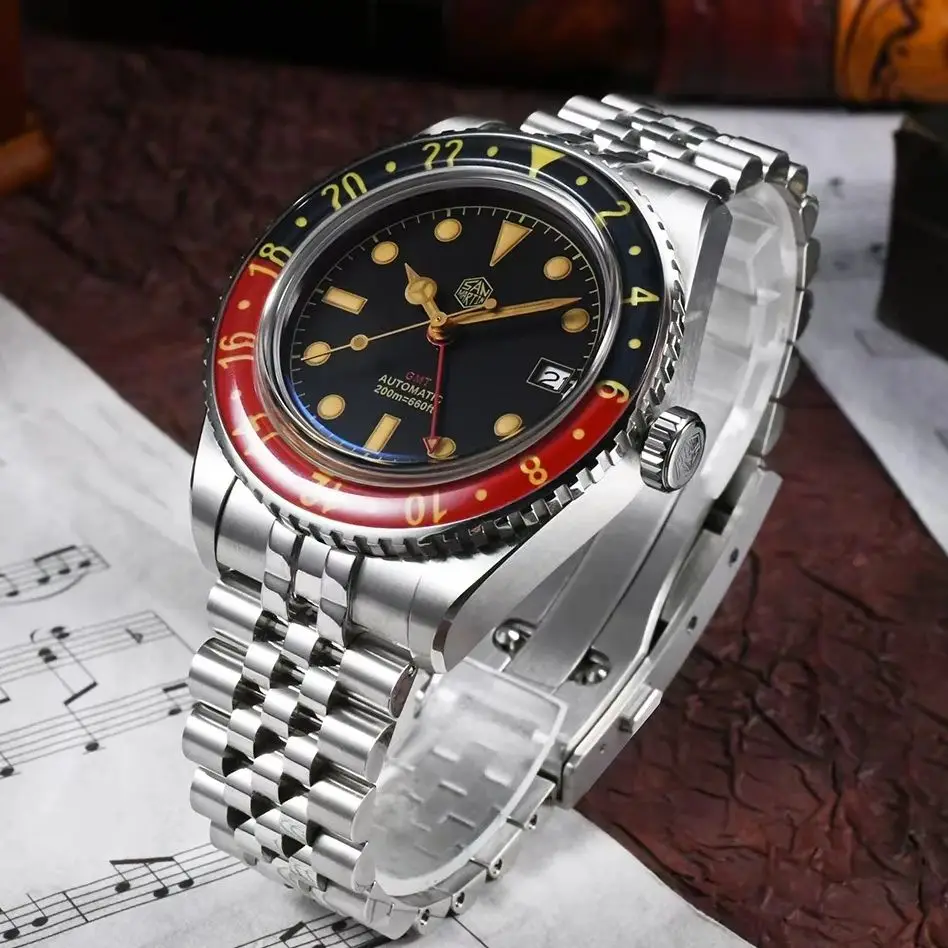 

San Martin Мужские часы GMT 40 мм Автоматические механические наручные часы для дайвера 20 АТМ Водонепроницаемые BGW-9 Светящийся сапфировый безель NH34