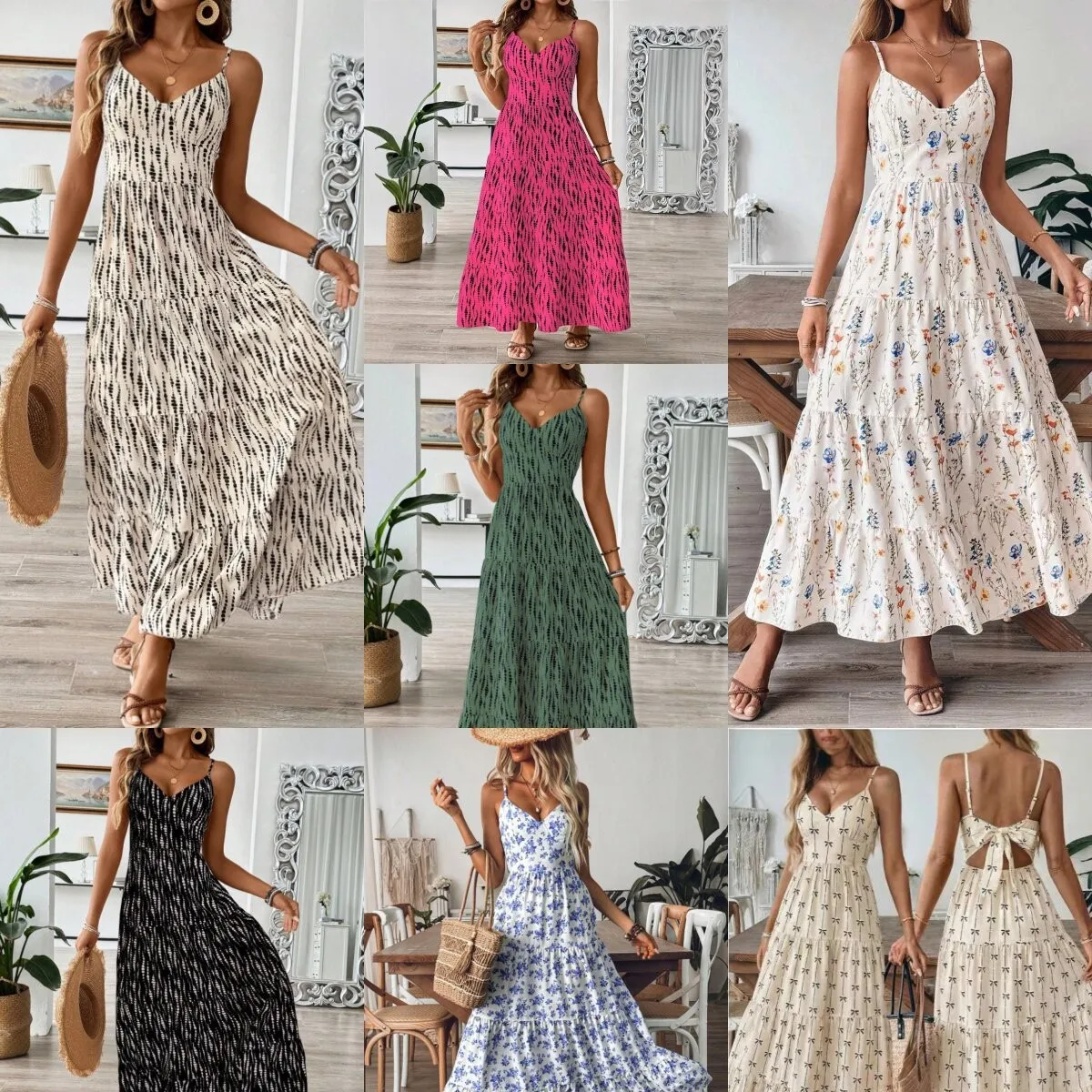 

Summer Woman Dress Spaghetti Strap Floral Print Pleated Dresses Women's Summer Maxi Dress V Neck Tiered Skirt Evening Dress