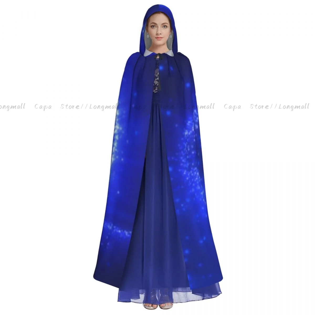 Adult Vampire Cape Hooded Robe Abstract Heart Love Blue Halloween Cloak Full Length Cosplay