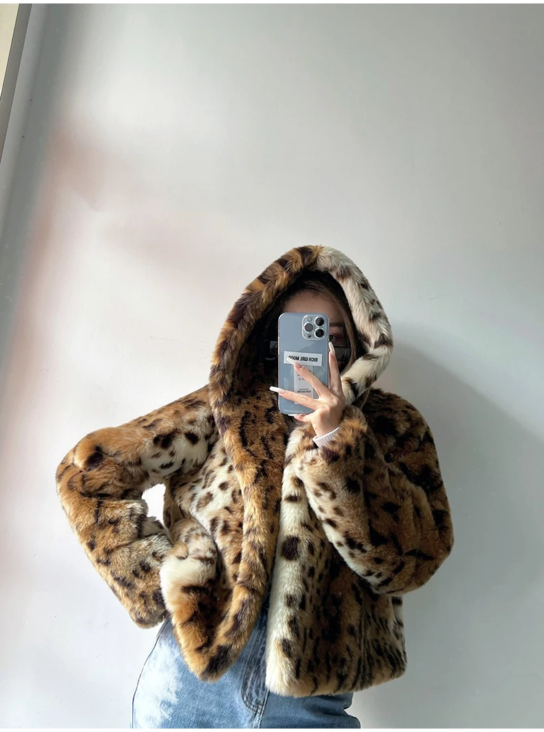 Lautaro Winter Short Thick Warm Leopard Print Faux Fur Coat Women with Hood Raglan Long Sleeve Hot Girl Loose Soft Fluffy Jacket