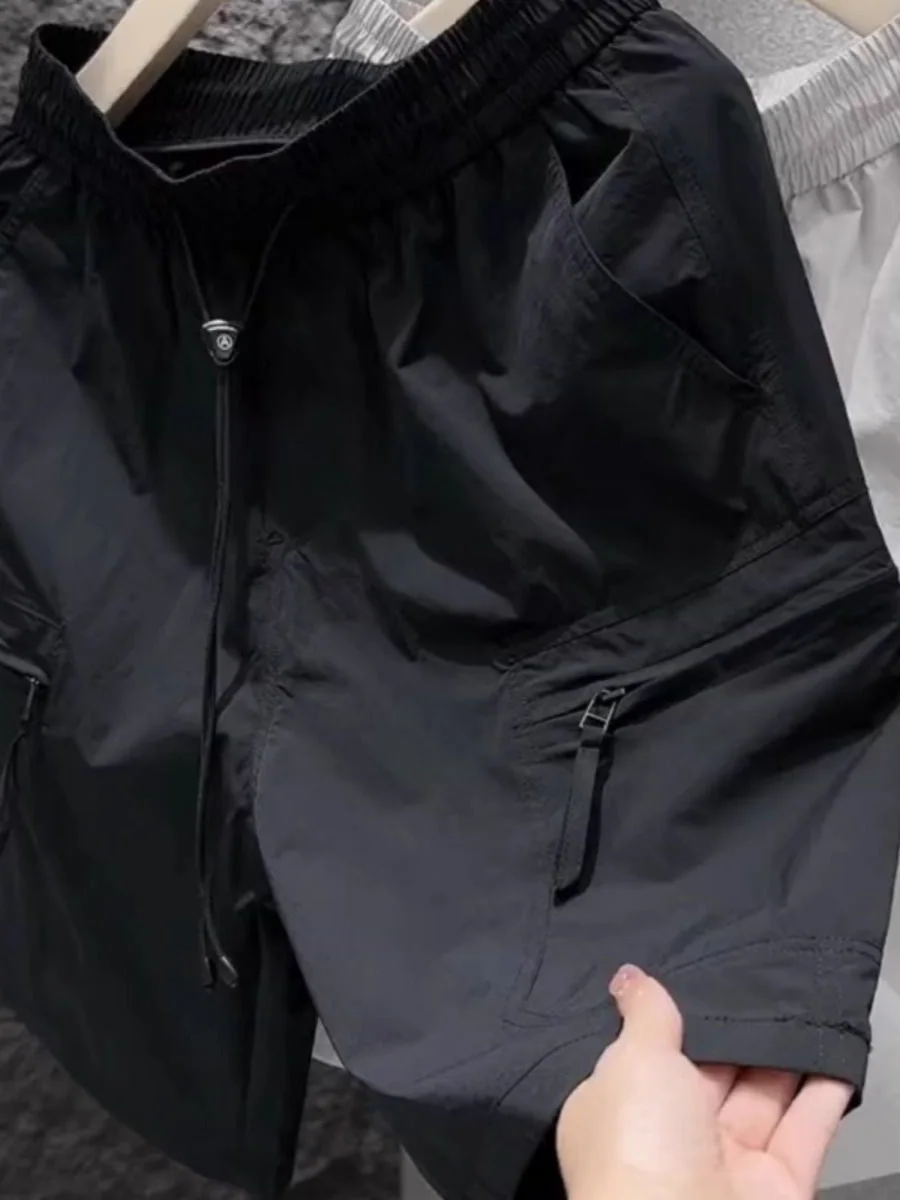 

Новые летние мужские пляжные лыжи из ледяного шелка, рабочая одежда, свободная посадка, длина пять четвертей, темно-сохнущие уличные повседневные брюки на молнии