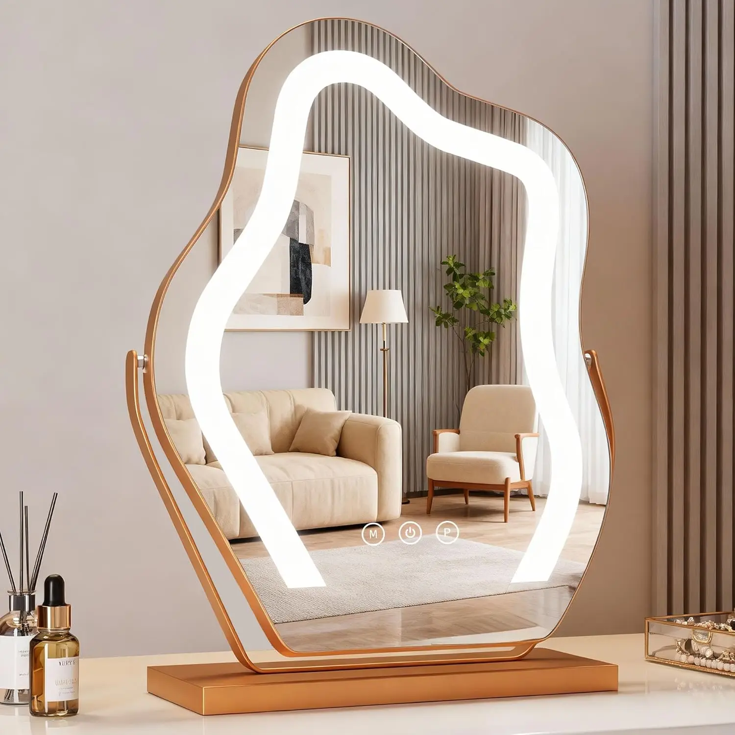 

Косметическое зеркало в форме облака 17 дюймов с Smart Touch, 3-цветное затемнение, 360 градусов ° Вращение, функция памяти, металлический каркас