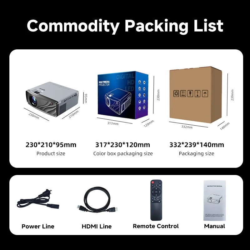 Cross-border HD projector, home use, 1080P portable bedroom projector, smart wireless WiFi, mobile phone screen mirroring.