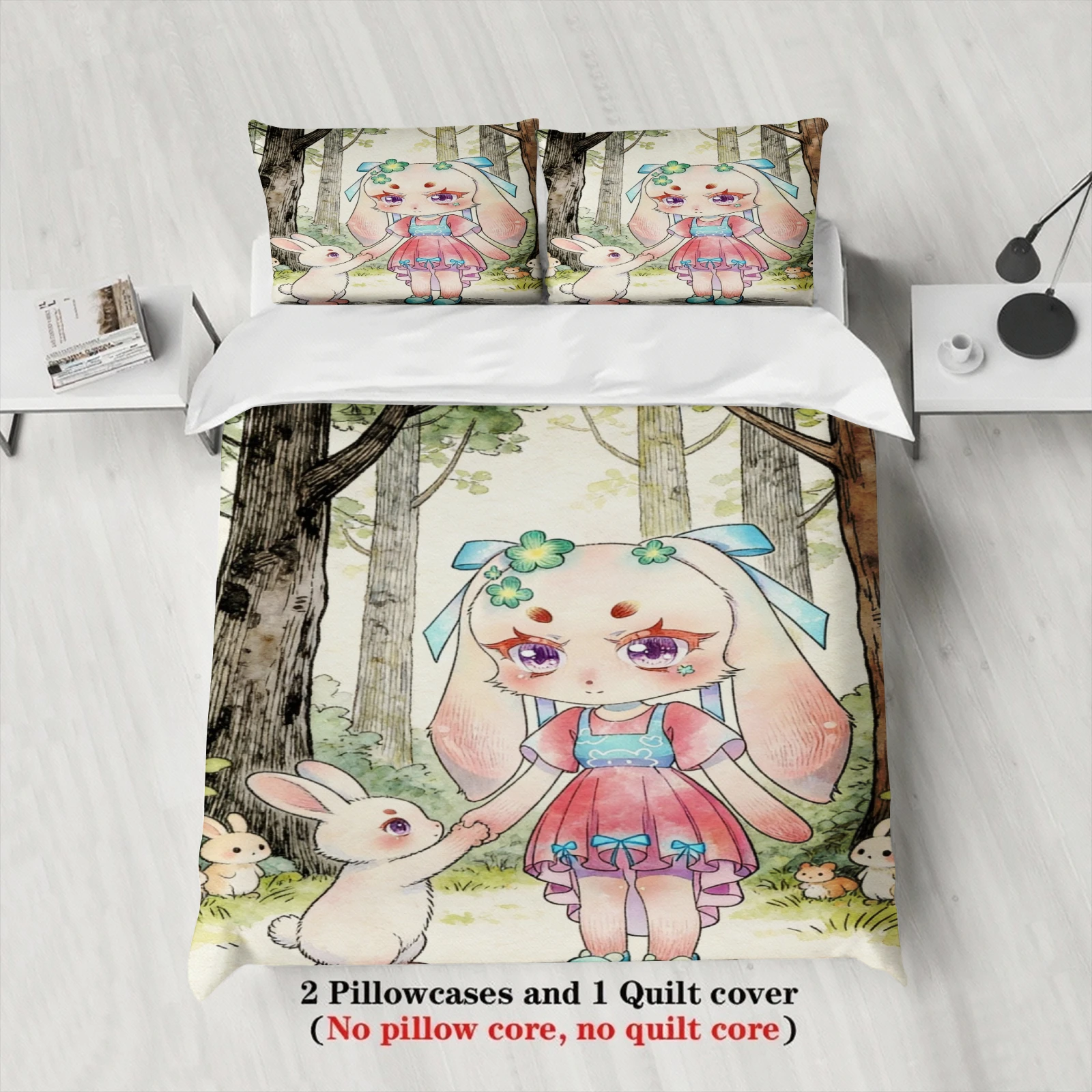 Softville Cozy Town 3PCS Bedding Sets Lop Rabbit Playing With Rabbit Pint Duvet Cover No filling Cartoon Style Queen King Size