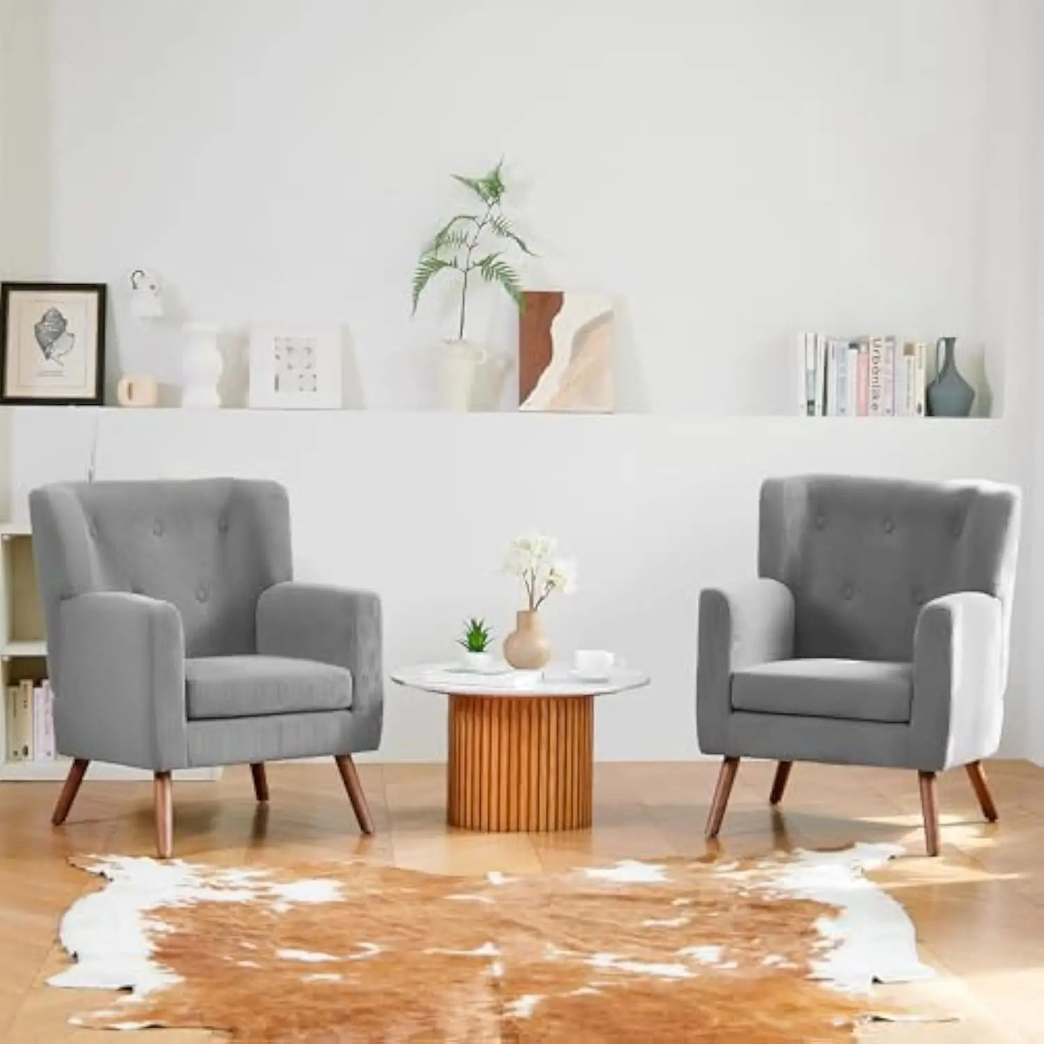 

Mid-Century Modern Accent Chairs Set of 2 - Comfy Corduroy Living Room Chairs, Reading Chair with Button Tufted Design & Wing