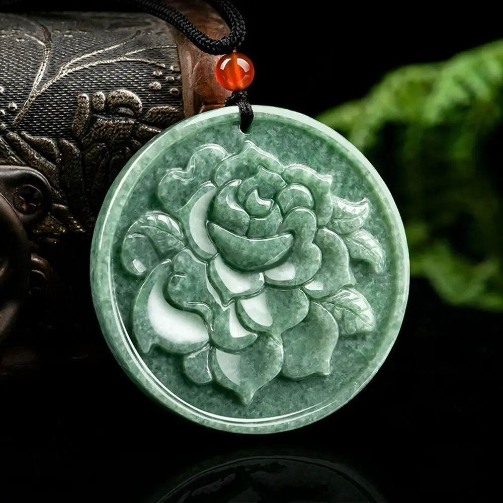 

Natural Grade A Jade Jadeite Men Women Gift Lucky Rose Flower Round Pendant