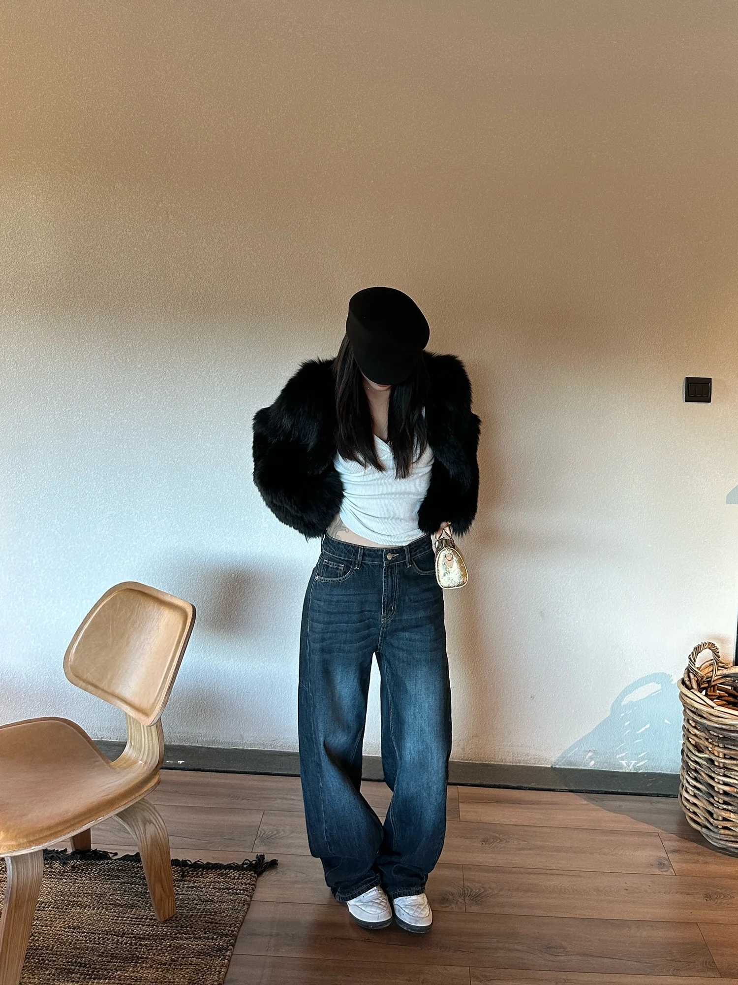 

Falin X Vintage Waed on aped Wide Leg Jeans Women's Autumn Winter Low Waist Pure Cotton Trousers Casual Sle