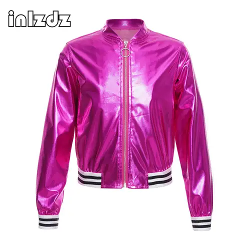 Imagen 1 del producto Trajes holográficos para niñas, chaqueta Bomber plateada metálica, abrigo de manga larga con cremallera frontal, traje de baile de Hip-hop de Jazz moderno
