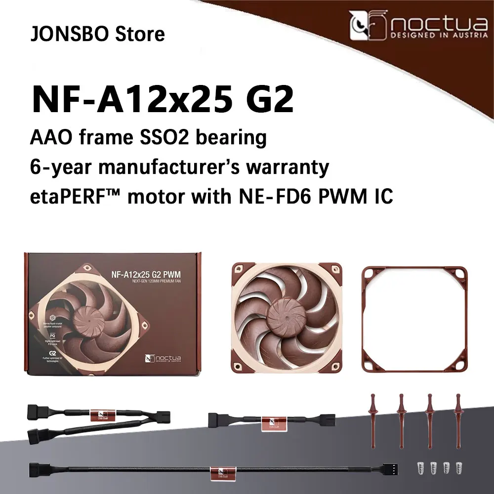NOCTUA NF-A12x25 G2 12CM chassis fan flagship fansHighly optimised P/Q curve etaPERF™ motor with NE-FD6 PWM IC 120x120x25MM
