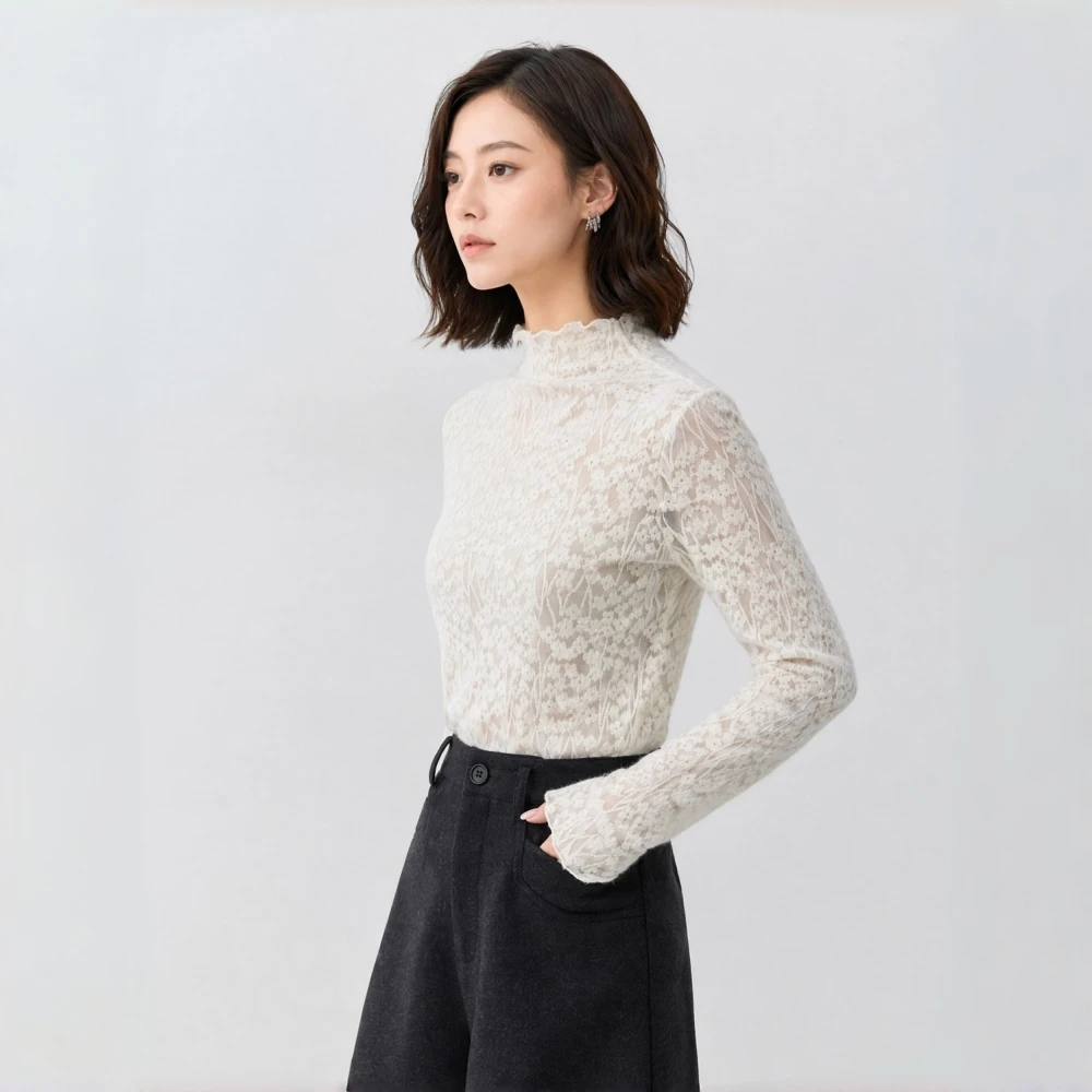 Lace Hollow out Semi-Transparent High Collar Long Sleeve Women's T-Shirt Autumn Fashion Slim Fit Stylish Sexy Base Shirt Women's