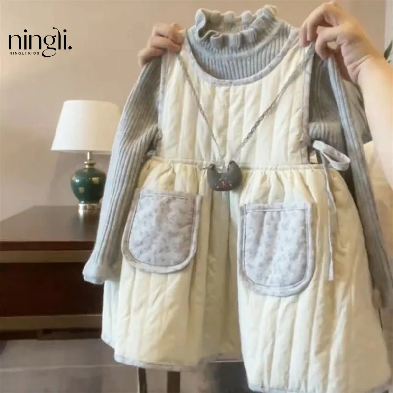 2024 Winter New Korean Edition Girls\' Sleeveless Quilted Cotton Strap Skirt, Thickened Solid Color Tank Top Skirt Trendy