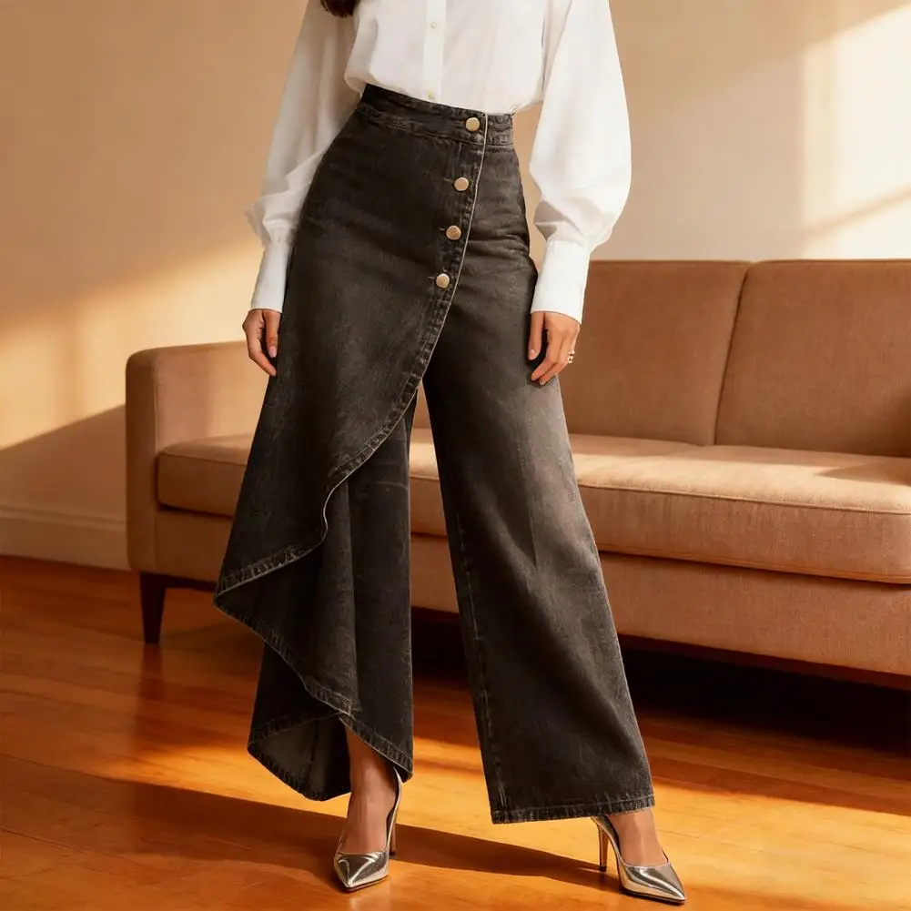 Retro Patchwork Jeans Women Flowy High Waisted Jeans for Women Asymmetrical Wrap Denim Pants Wide Leg Ruffle Summer Trousers