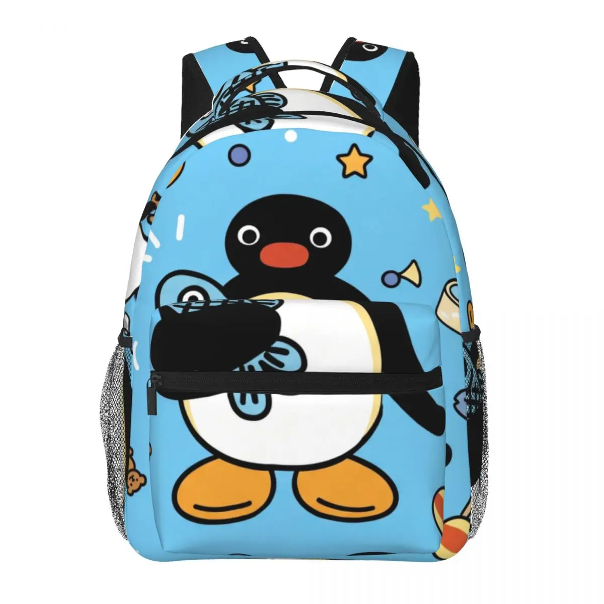 Gothic School Backpack Allover Cartoon Penguins Whimsical Summer Sky Blue White Black Yellow Cool Bookbag for Girls Boys College