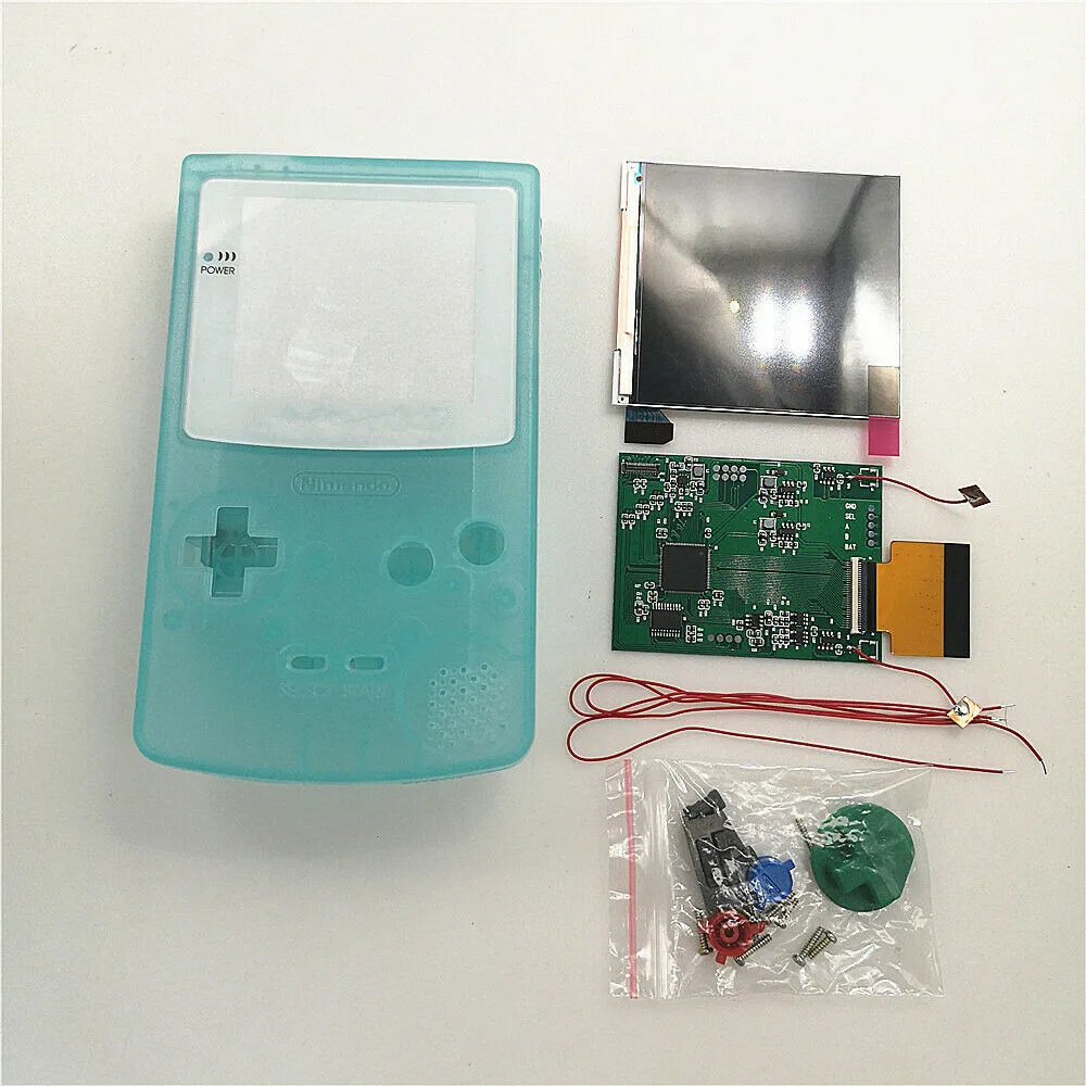 Lensa kaca putih OSD Menu Q5 versi robekan Kit layar LCD + cangkang rumah hijau bening bercahaya pra-potong untuk Game anak warna GBC