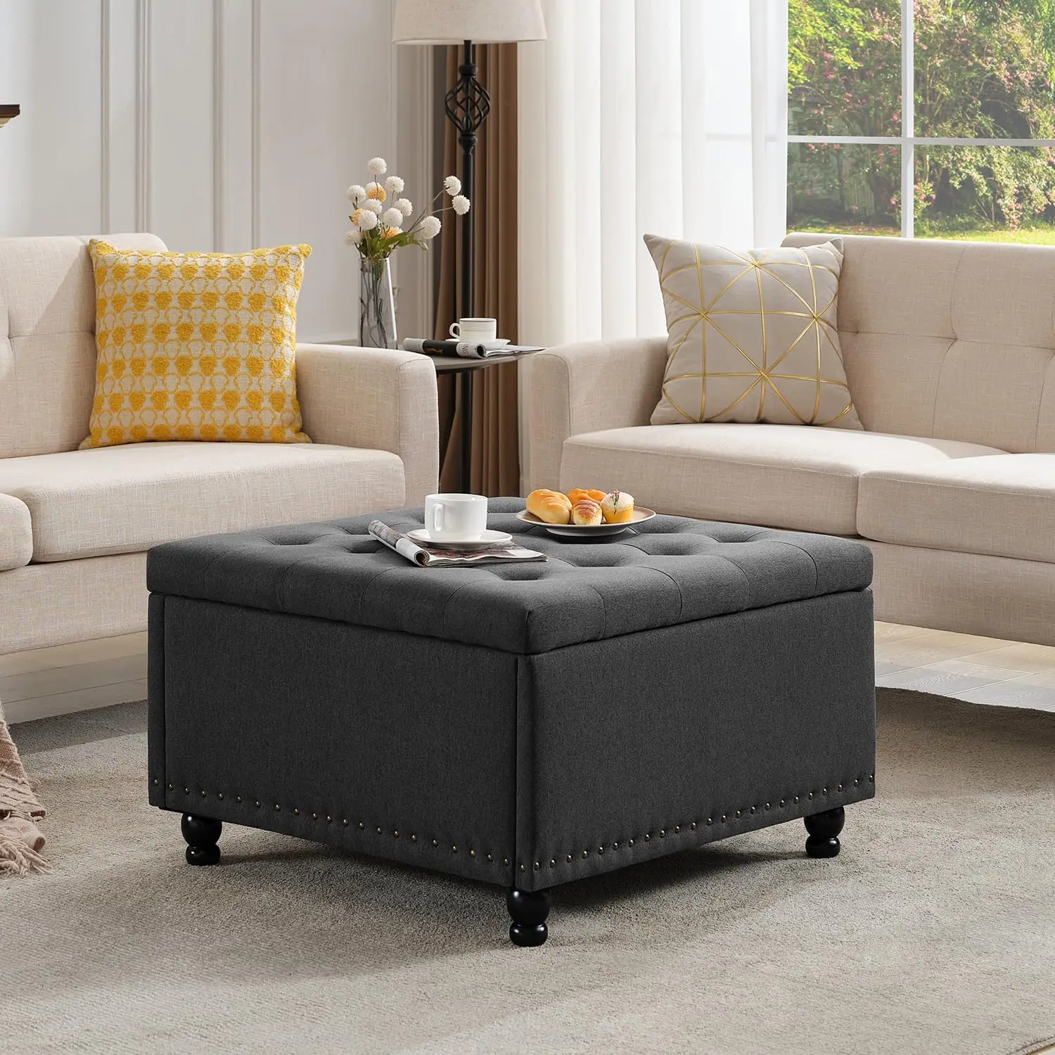 

30" Large Square Ottoman Coffee Table With Storage, Oversized Tufted Upholstered Ottomans Bench With Solid Wood Legs For Living