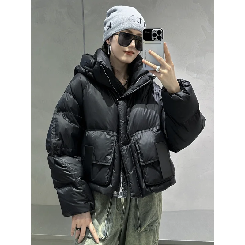 Short White Duck Down Jacket, Thickened Casual Warm Bread Clothing, Monochromatic Hooded Parker Coat, Autumn and Winter, New