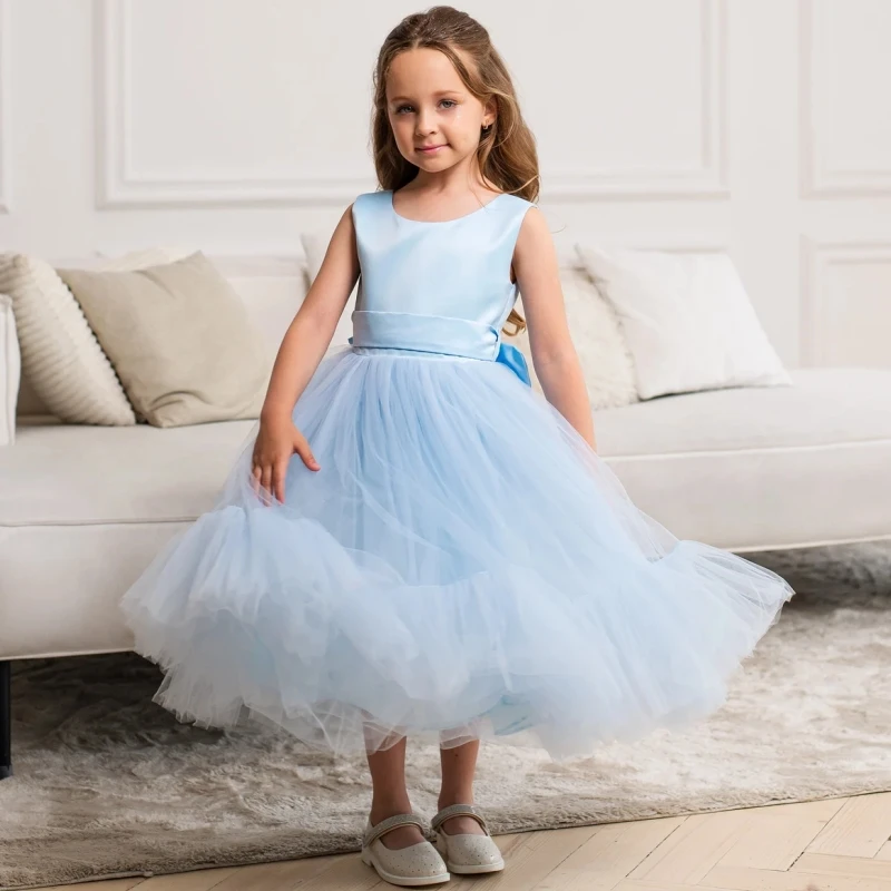 

Sky Blue Flower Girls Dresses Tulle Puffy With Bow Ribbon Sleeveless For Wedding Birthday Party Holy Communion Gowns