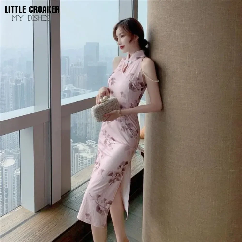 Women Qipao Internet Celebrity New Summer Hit Retro Chinese Girl Temperament Pearl Split Temperament Cheongsam Young Sexy Dress