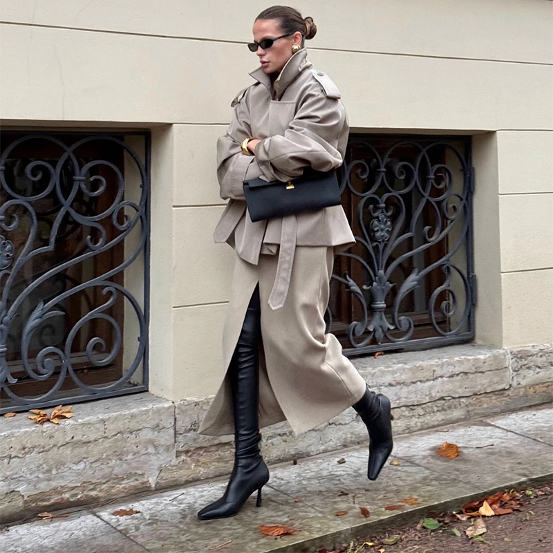 Casual Loose Jacket Women Stand Collar Long Sleeve Belt Double Breasted Short Windbreaker 2025 Spring Fashion Chic Streetwear zz