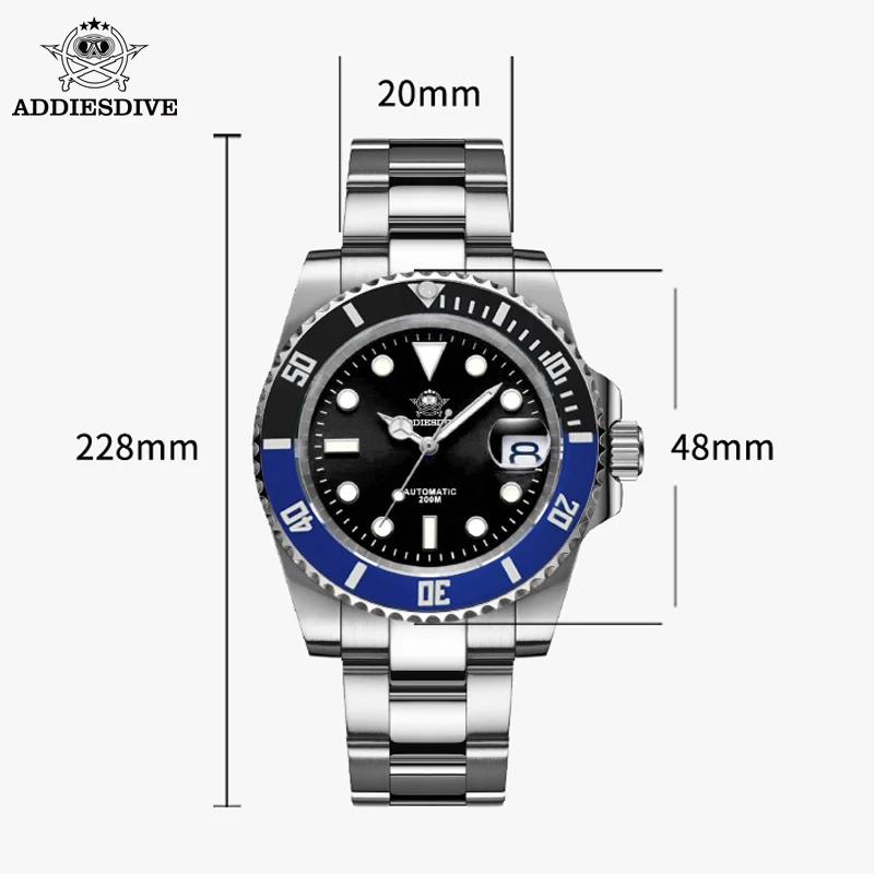 ADDIESDIVE relojes mecánicos automáticos con calendario de cristal de zafiro 20Bar reloj luminoso resistente al agua para hombres relojes Masculino